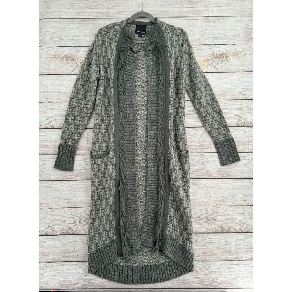 Trouve Open Front Fringe Hem Duster Cardigan Sweater Women's Small‎ Gray
